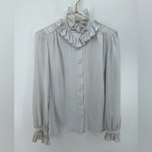 Vintage La Blouse Made in Korea Silver Ruffle Poof Top Semi Sheer Button 12